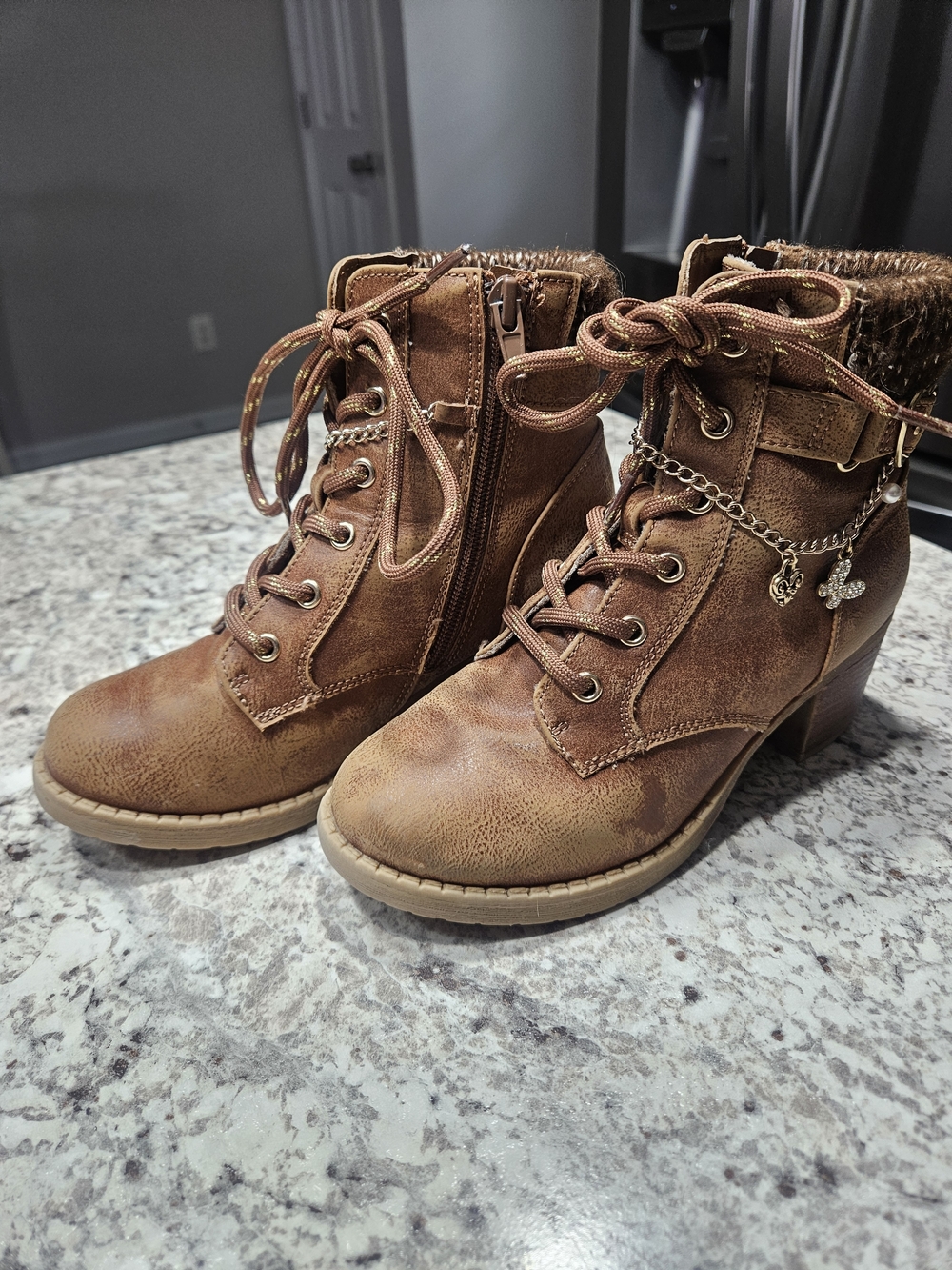 Girl's Brown Lace-Up Ankle Boots with Charm Chain